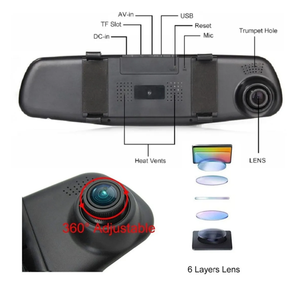 ESPEJO RETROVISOR DOBLE CÁMARA DVR HD